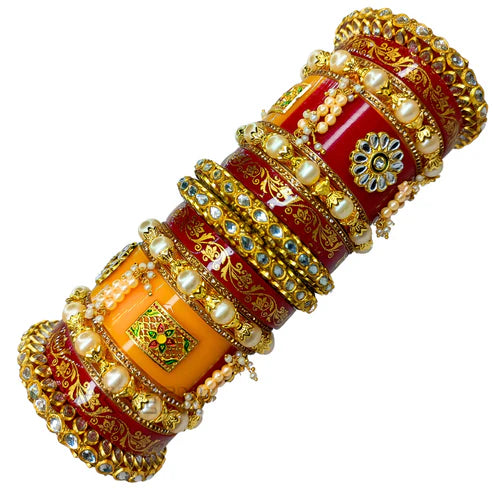 Traditional Red & Golden Bridal Chooda Set with Kundan and Pearl Work – Punjabi Wedding Bangles for Bride